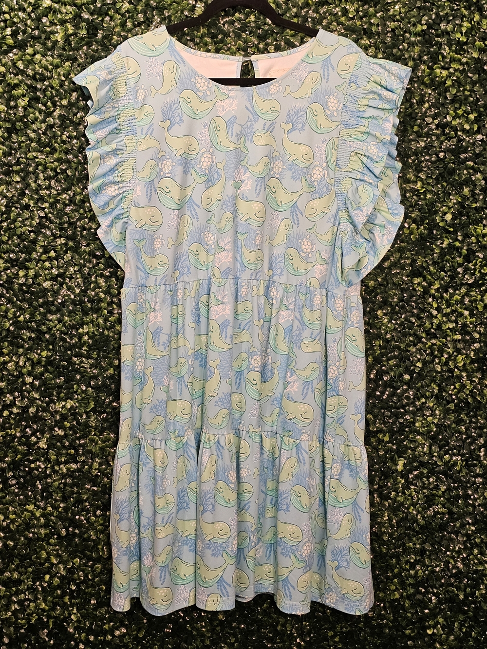 Simply Southern Whale-Print Ruffle Sleeve Dress - Light Blue